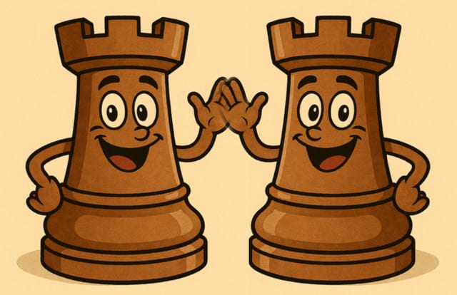 Two cartoon rooks standing side by side, grinning and touching hands.