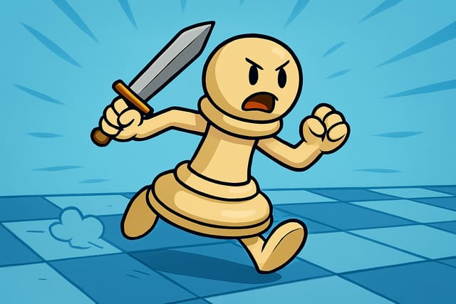 A cartoon white pawn charging forward with a sword raised.