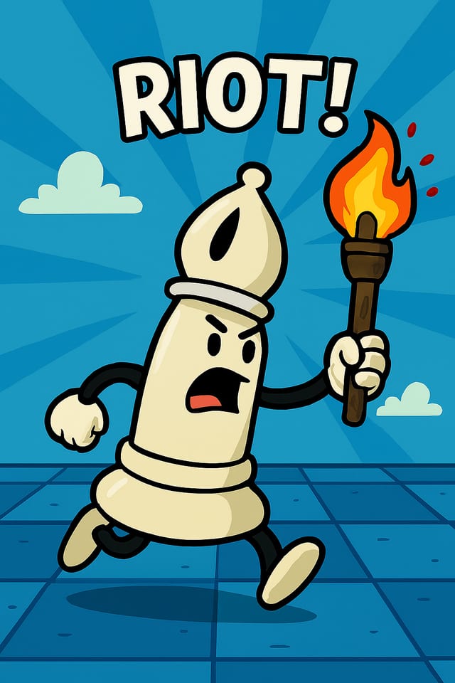 A cartoon bishop charging along with a lit torch.