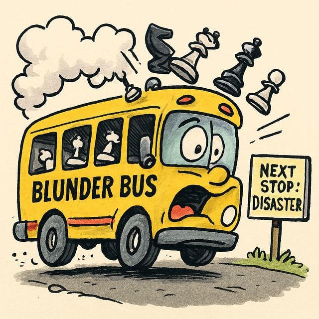 A cartoon school bus lettered Blunder Bus, wide-eyed and shedding chess pieces from its roof, driving towards a road sign reading Next stop: disaster.