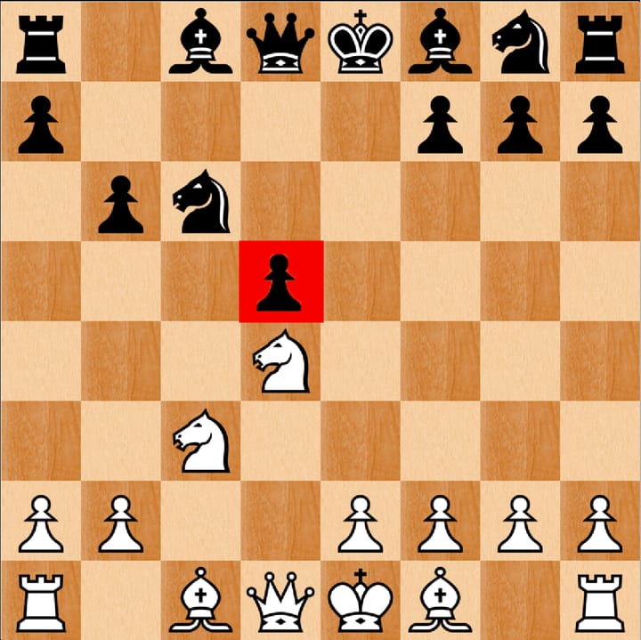 A board with a single black pawn marked in red, with no friendly pawn on either of the files beside it.