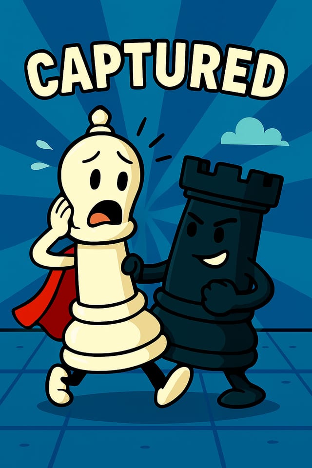 A cartoon pawn being marched away by a grinning rook, under the word CAPTURED.