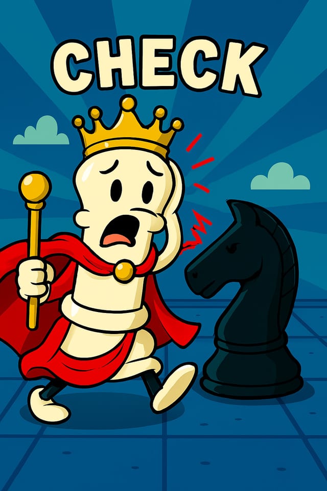 A cartoon king in a crown backing away from a black knight, under the word CHECK.