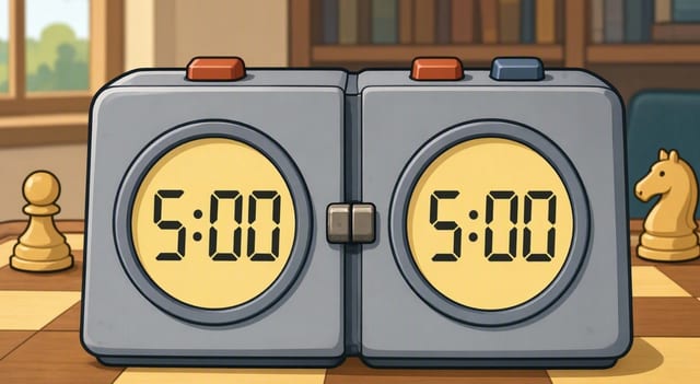 The two faces of a cartoon chess clock, both reading 5:00, with a pawn and a knight on the board either side.