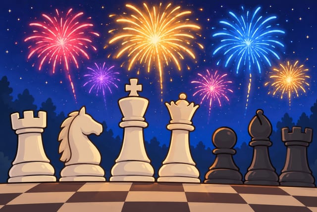The white rook, knight, king and queen and a black pawn, bishop and rook stand in a row on a chessboard, watching red, gold, blue and purple fireworks burst in the night sky over the trees.