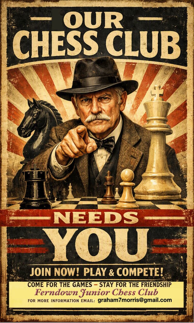 A vintage-style recruitment poster: an older gentleman in a fedora and tweed jacket points straight out at the reader across a chessboard, with a black knight and a white king standing behind him. The lettering reads &ldquo;Our chess club needs you&rdquo; and invites the reader to join now, play and compete, and to come for the games and stay for the friendship. It also carries the club&rsquo;s name and an email address for enquiries, the same one in the footer of every page.
