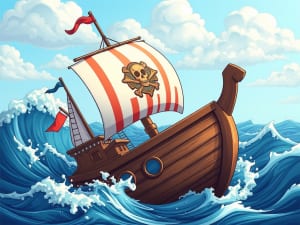 A cartoon pirate ship with striped sails, pitching on a heavy sea.