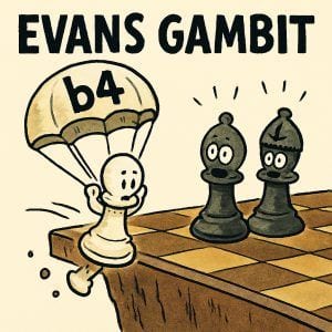 A cartoon titled Evans Gambit: a white pawn parachutes down onto b4 in front of two startled black pieces.