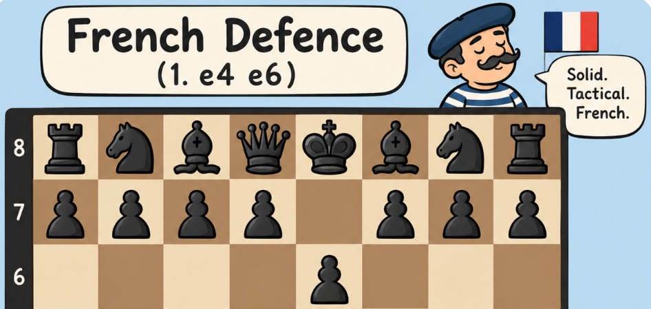 The heading &ldquo;French Defence (1. e4 e6)&rdquo; over the top of a board where Black&rsquo;s king&rsquo;s pawn has moved to e6, and a cartoon man in a beret and a striped top, with a curled moustache, smiling beside a tricolour flag, his speech bubble reading &ldquo;Solid. Tactical. French.&rdquo;