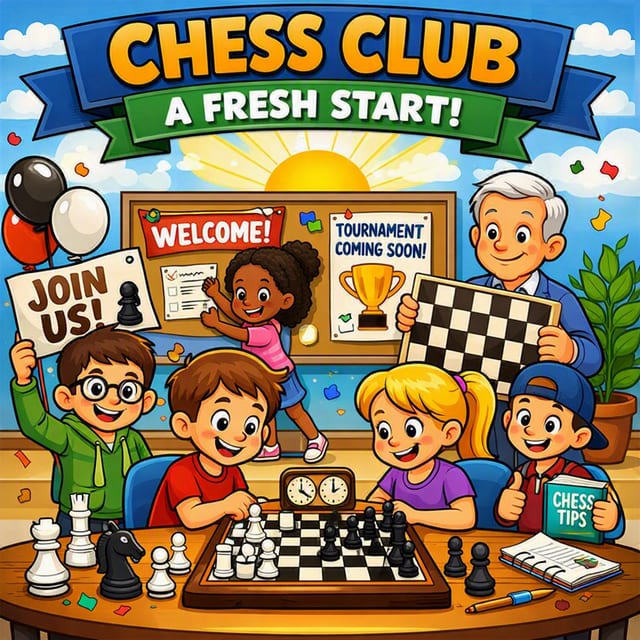 A colourful cartoon of a chess club. The four children around the table are grinning over a board with a clock beside it, one of them holding a book of chess tips, while a grey-haired man behind them holds up a large board and another child pins a notice to the wall. The banners across the top read &ldquo;Chess club&rdquo; and &ldquo;a fresh start!&rdquo;, and the noticeboard behind carries &ldquo;welcome!&rdquo; and &ldquo;tournament coming soon!&rdquo; beside a trophy. The sign on the left reads &ldquo;join us!&rdquo;.