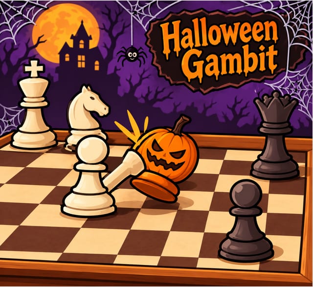 The words &ldquo;Halloween Gambit&rdquo; in dripping orange letters over a cartoon board at night: a white pawn swings a club at a toppling jack-o&rsquo;-lantern piece, watched by a white king and knight and a black queen and pawn, under a full moon with a haunted house, bare trees, cobwebs and a dangling spider.