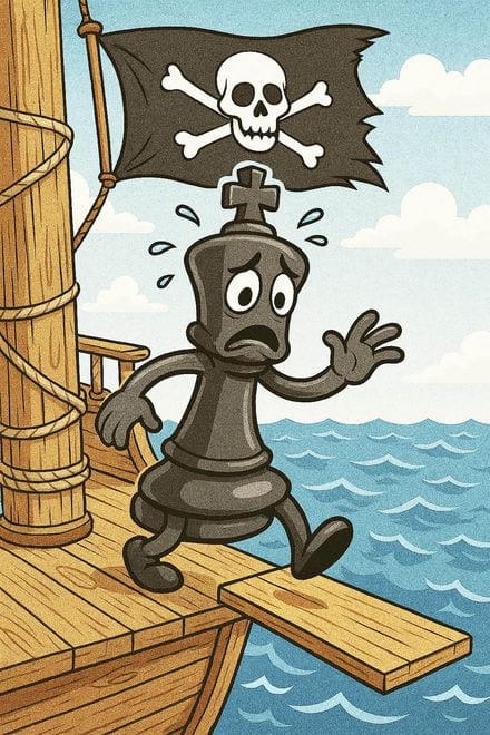 A cartoon black king edging along a ship&rsquo;s plank above the sea, under a skull and crossbones flag.