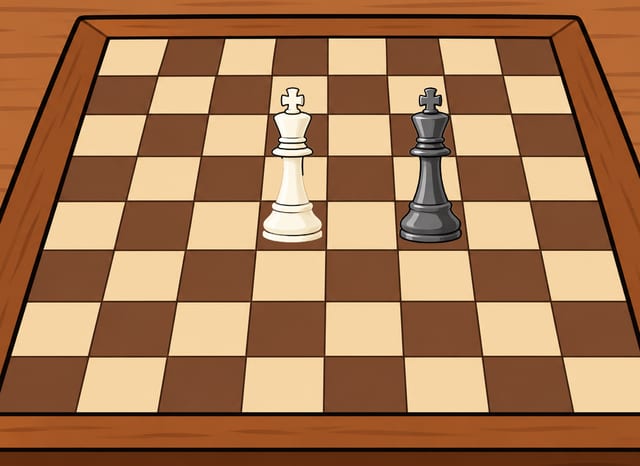 The two kings alone on a cartoon wooden chessboard, white and black, standing on the same rank with one empty square between them.