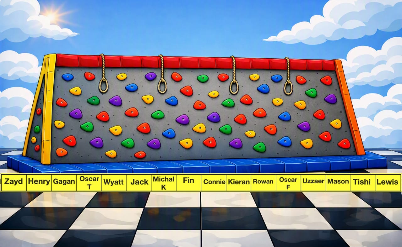 A cartoon climbing wall covered in coloured holds, with four ropes hanging from the top rail. It stands on a blue crash mat on a giant chessboard under a bright sky, and a row of yellow name cards runs along the foot of it.