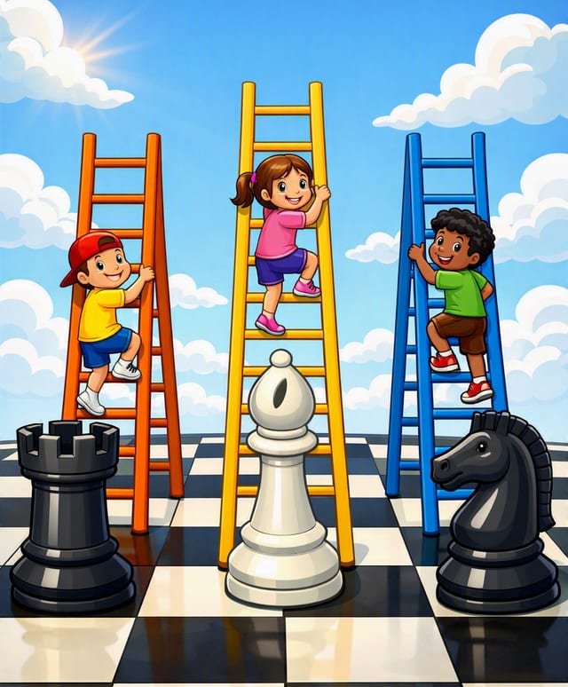 A cartoon of three children climbing three tall ladders that rise from a giant chessboard into a blue sky. Each ladder stands behind a chess piece &mdash; the orange one behind a black rook, the yellow one behind a white bishop, and the blue one behind a black knight.