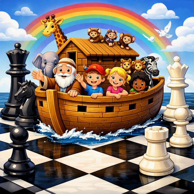 The ark from the flood story floats on a giant chessboard under a rainbow, crowded with cartoon animals and waving children, with huge chess pieces standing in the water around it.