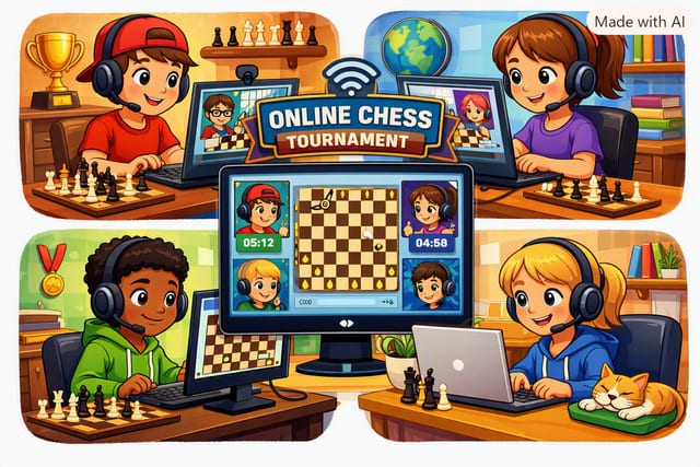 A four-panel cartoon of children playing chess online at home. Each wears a headset and sits at a laptop or monitor with a chessboard beside them, and a central screen shows a game in progress with two players&rsquo; timers running. A banner across the middle reads &ldquo;Online chess tournament&rdquo;.