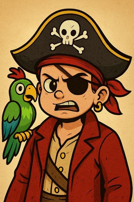 A cartoon young pirate in a skull-and-crossbones hat and eye patch, scowling, with a green parrot on one shoulder.