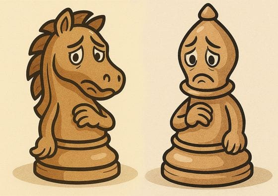 A cartoon knight and bishop standing side by side looking thoroughly fed up.