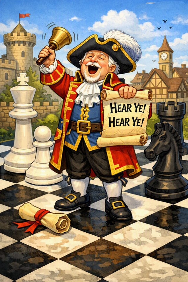 A cartoon town crier in a red and gold coat and feathered tricorn hat stands on a giant chessboard, ringing a handbell and holding up an unrolled scroll. The scroll reads &ldquo;Hear ye! Hear ye!&rdquo;. A white king, a white pawn and a black knight stand around him, with a castle and a clock tower behind.